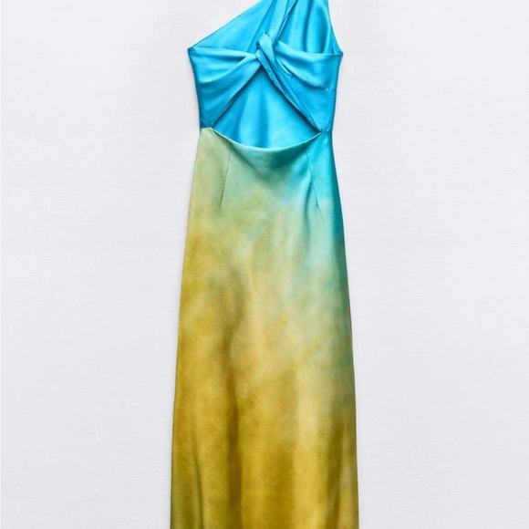 Zara Blue and Green One-Shoulder Maxi Dress - Picture 2 of 5